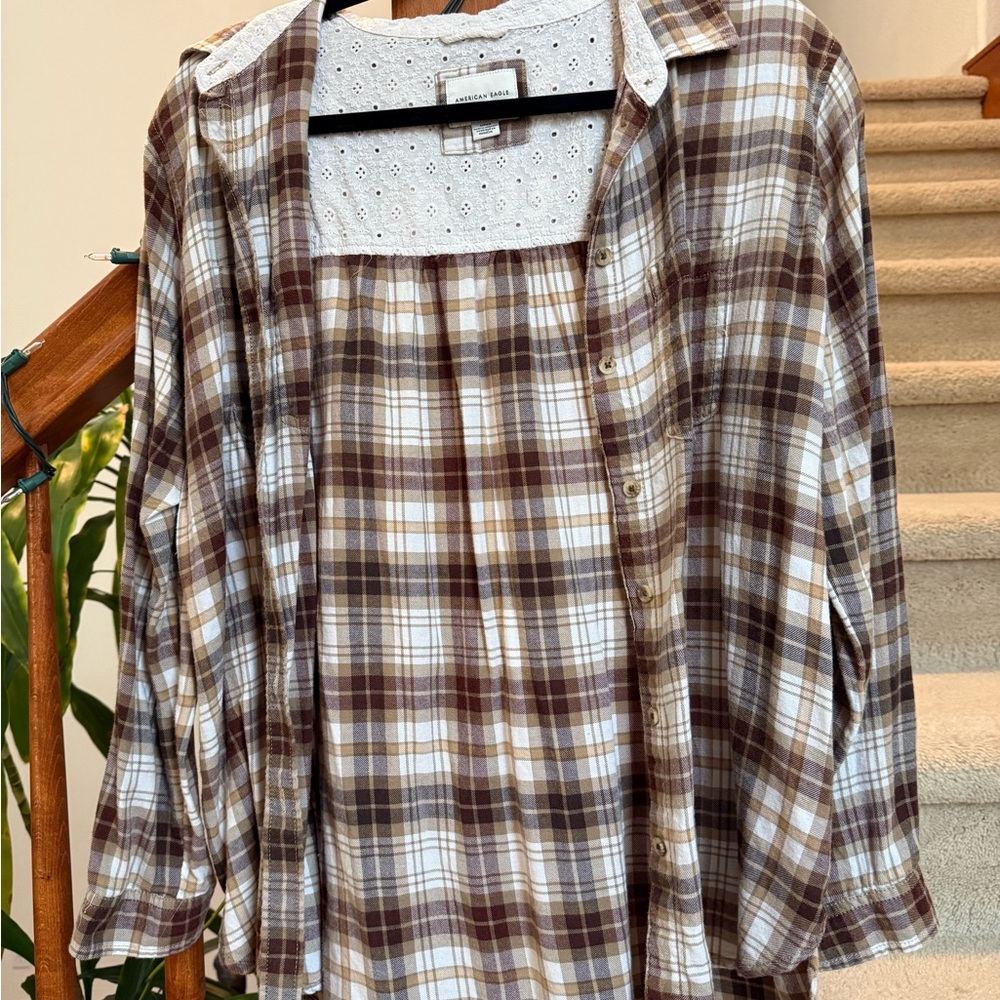 American Eagle Outfitters Plaid Button-Down Shirt in Brown and White
